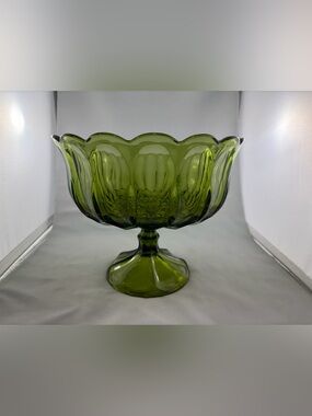Vintage Indiana Glass Duette Large Pedestal Bowl Avocado Green Centerpiece